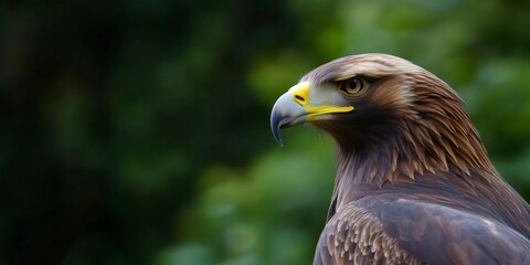 Obraz premium Close up of a golden eagle staring with a blurred green background, capturing the intensity and beauty of this majestic raptor