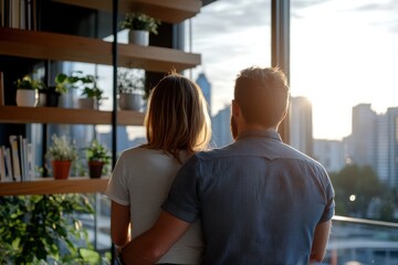 A couple stands closely, enjoying the sunset view from their apartment, surrounded by plants, symbolizing love and connection in an urban environment.