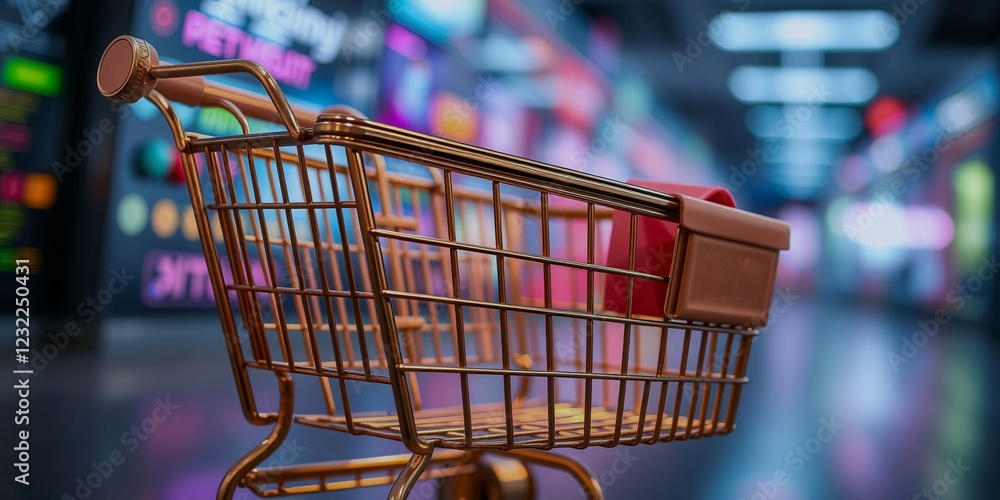 Poster a shopping cart with a red item in it. the cart is in a store with a sign that says 