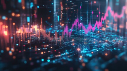 A financial bar chart with an upward trend, glowing blue background.