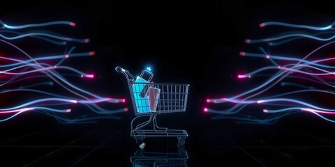 A shopping cart is shown in a futuristic setting with bright colors and a lot of movement. The cart is surrounded by a stream of light that gives the impression of a futuristic shopping experience