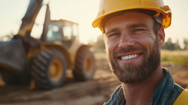smiling construction worker, with a yellow hard hat and protection glasses, standing in front of a wheel loader.