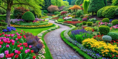 Obraz premium Garden with vibrant flowers and winding green pathways, flowers, pathway, flowers, pathway, scenic, colorful