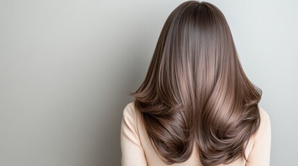 Naklejka premium A person with long, shiny hair is facing away, showcasing natural waves and layers. The smooth texture shines under soft indoor lighting against a plain wall