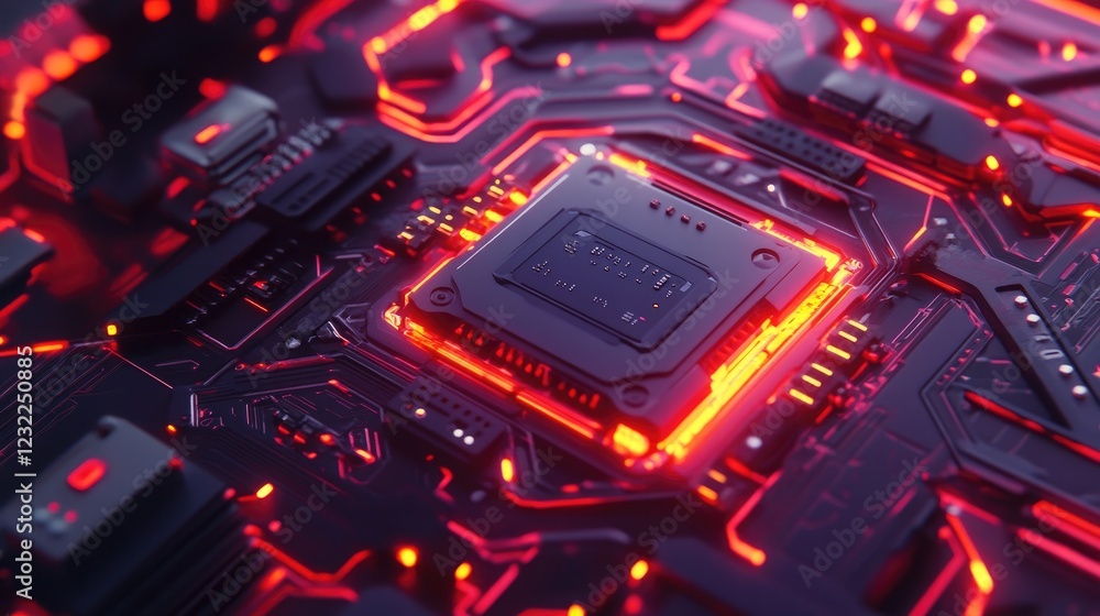 Poster a futuristic ai microchip embedded in a sleek circuit board, neon-lit background.