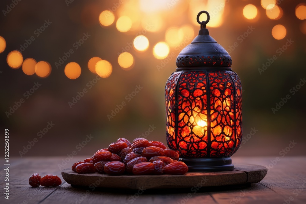 Poster a warm, inviting scene with a lit lantern and dates on a wooden table, set against a bokeh backgroun
