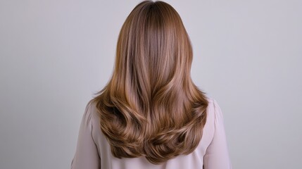 Naklejka premium A person with long, shiny hair is facing away, showcasing natural waves and layers. The smooth texture shines under soft indoor lighting against a plain wall