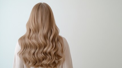 Fototapeta premium A person with long, shiny hair is facing away, showcasing natural waves and layers. The smooth texture shines under soft indoor lighting against a plain wall