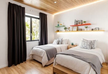 Fototapeta premium Charming twin beds room with vibrant shelves illuminated by led lighting strips