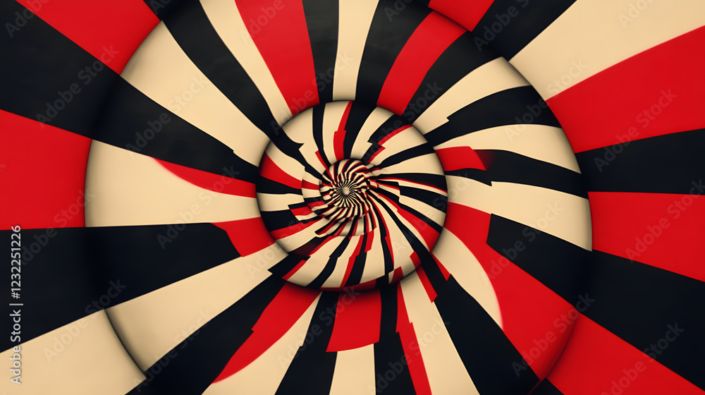 Poster A swirling pattern of red and black stripes creates a dynamic visual effect, drawing the viewer's eye into the center