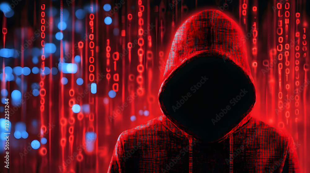 Poster A mysterious figure in a hooded sweatshirt is silhouetted against a backdrop of red binary code, evoking themes of hacking and cybersecurity