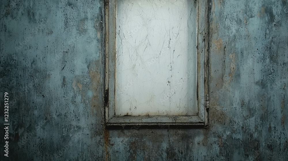 Aufkleber old grimy window covered in dust with streaks against a weathered wall in an abandoned setting