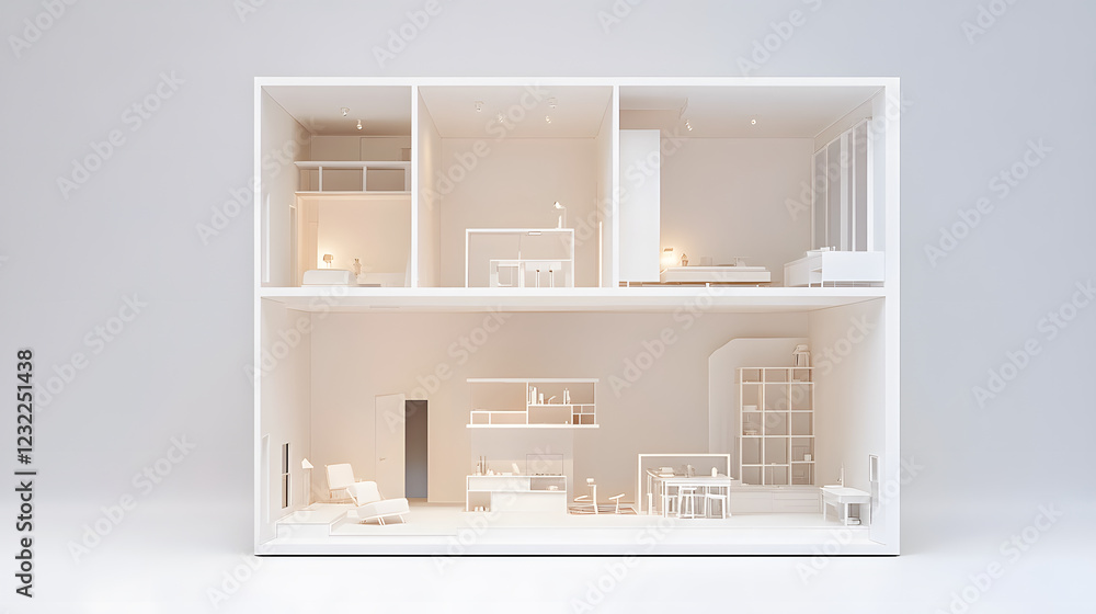 Fototapete A minimalist architectural model showcases a modern interior layout with modular furniture and open spaces