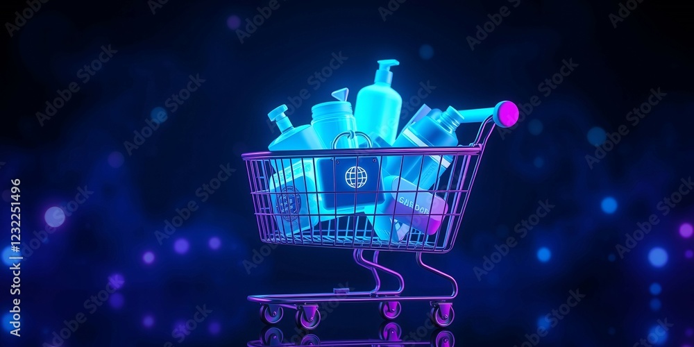 Poster a shopping cart filled with various bottles and containers, including a bottle with the word 