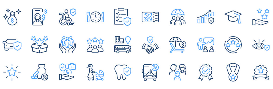 Employee benefit web line icons. Included icons as teamwork, insurance, paid Vacation, pension, social Security. Vector illustration. editable stroke