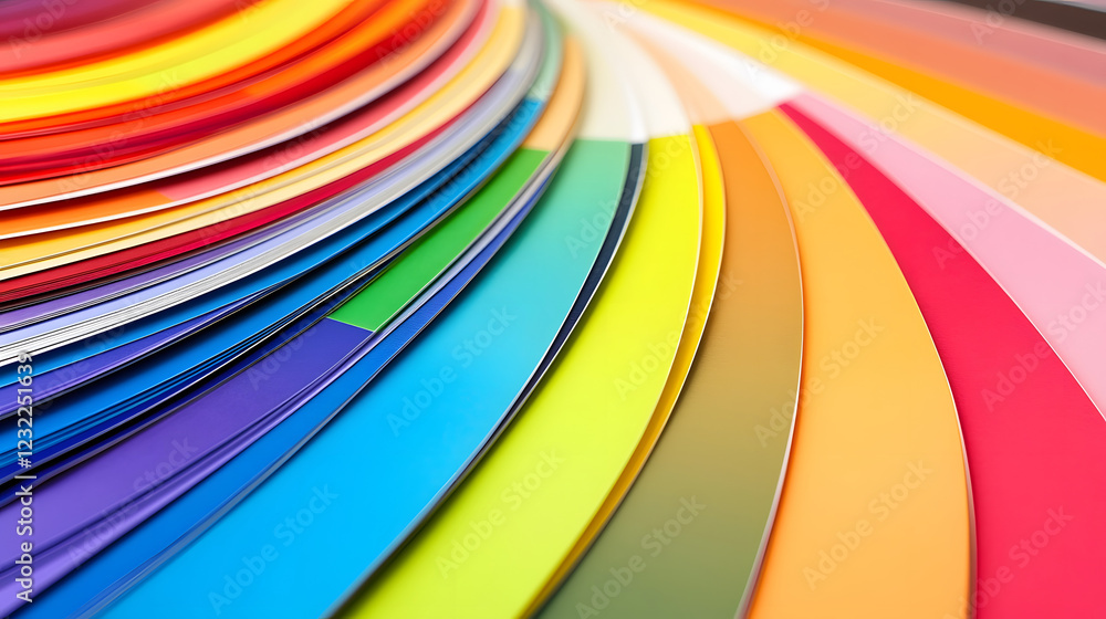 Poster A vibrant array of colorful paper sheets arranged in a circular pattern, showcasing a spectrum from red to purple and various shades in between