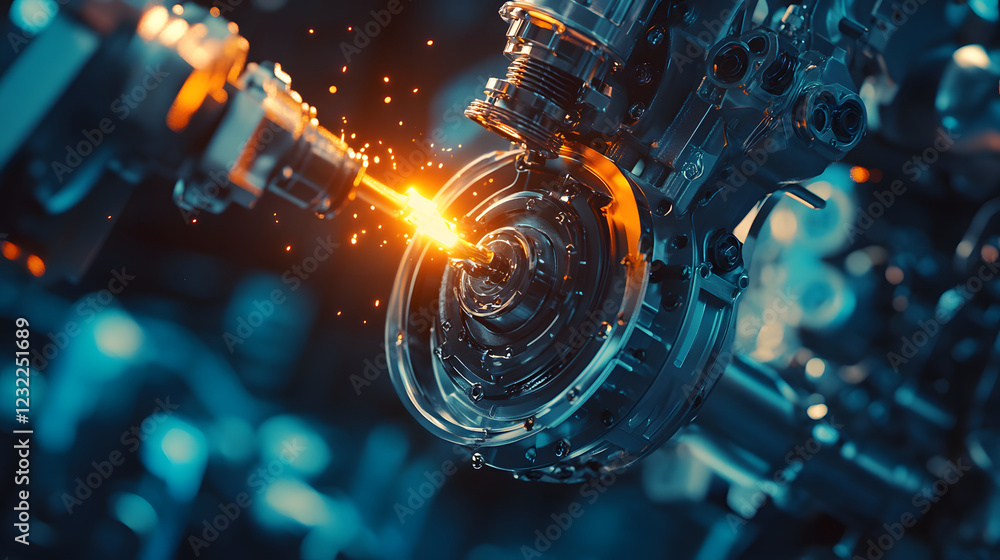 Poster a close-up view of a mechanical component being machined, featuring sparks and intricate details, sh