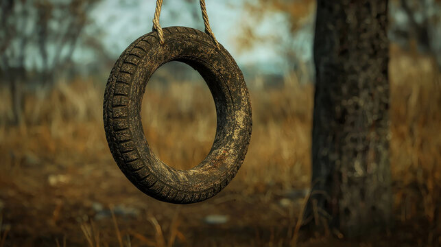 Old Weathered Tire Swing Hanging in Overgrown Field Near Bare Trees and Distant Landscape