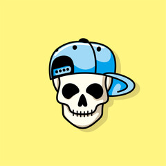 Cartoon skull character in blue snapback hat. Cool skull with expression happy. Sticker collection can be use as logo, symbol, icon.