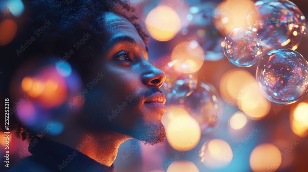 Poster a man with a beard looking at a bunch of bubbles. generative ai