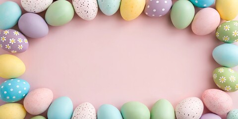 Fototapeta premium Decorated Easter eggs forming a frame on a pink background. Flat lay holiday mockup with copy space