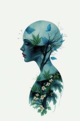 A woman's face is shown in a photo with a flowery background. The photo is a creative and artistic representation of the woman's face, with the flowers surrounding her features