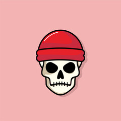 Cartoon skull character in Red fabric hat. Cool skull with expression angry. Sticker collection can be use as logo, symbol, icon.