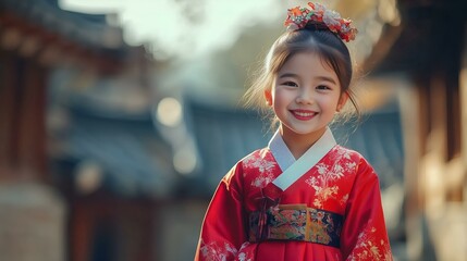 Smiling young girl wearing a traditional Korean hanbok in a historical village setting with soft sunlight