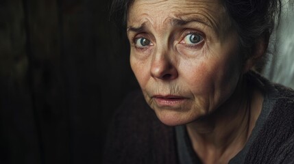 Fototapeta premium A woman with worried expression stares intently at viewer.