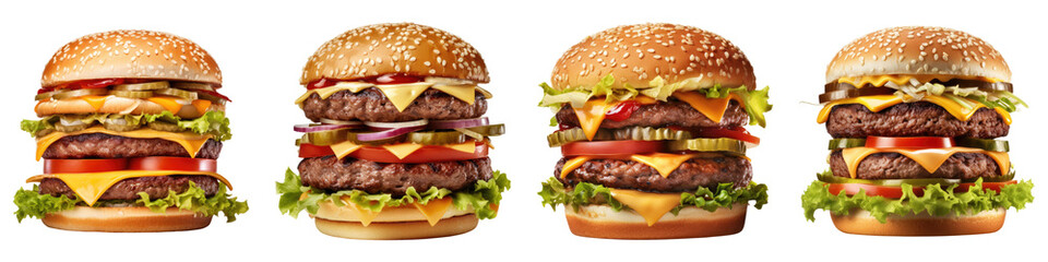 Gigantic floating burger isolated on transparent background, PNG, Set of
