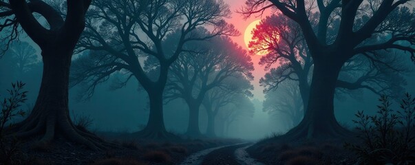 Dark forest landscape with twisted trees and eerie fog, woods, darkness