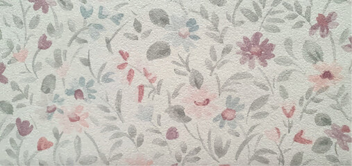 Texture with delicate floral patterns and leaves on a white light background. Floral ornament wallpaper or fabric. Wallpaper texture with flowers and leaves.