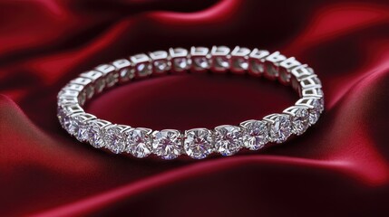 Fototapeta premium A luxurious diamond tennis bracelet placed on a silky dark red fabric.
