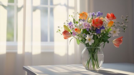 Fototapeta premium Bright spring bouquet of fresh flowers in a glass vase on a table near a sunlit window in a cozy room