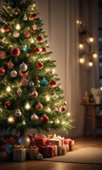 Decorated tree with a variety of ornaments and lights, garlands, decorative items