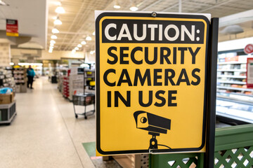 A caution sign indicating that security cameras are in use, located in a grocery store aisle.