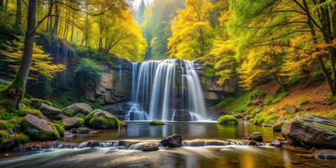 waterfall in forest, surrounded by tall trees with yellow and green foliage, rocks and water flowing gently, outdoor landscape, peaceful atmosphere
