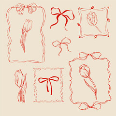 set of bows and tulips. vector doodles isolated elements