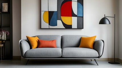 Modern living room interior with gray sofa, colorful pillows, abstract painting, and stylish decor elements