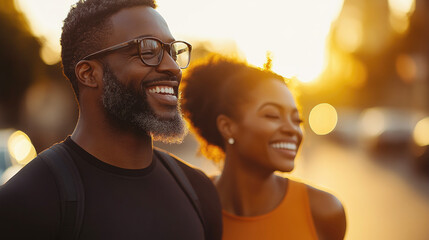 Golden Hour Couple: A radiant Black couple shares a joyful moment, bathed in the warm glow of a setting sun, their smiles reflecting happiness and connection. 
