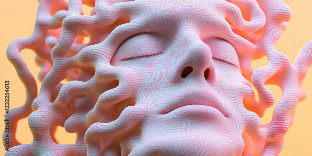 Poster digital render of face embedded in pink organic form with linear pattern