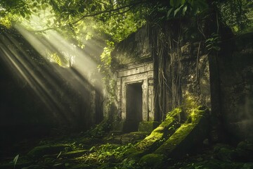 Ancient abandoned temple covered in moss with sunlight rays shining through dense jungle vegetation