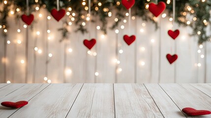 Red hearts dangle from above against a light wooden background, creating a warm and inviting space perfect for a celebration of love or a romantic dinner
