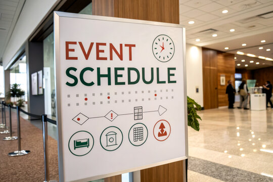 A sign displaying an event schedule with icons indicating various activities, set in a modern indoor venue. - Powered by Adobe