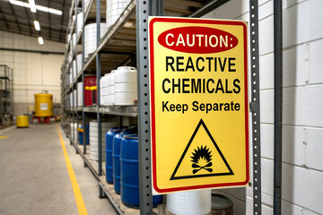 A caution sign indicating "Reactive Chemicals" with a warning symbol, placed in a storage area filled with chemical containers.
