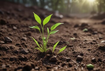 Delicate green stem rising from fertile ground , foliage, stems