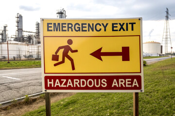 A safety sign indicating an emergency exit from a hazardous area, featuring a running figure and directional arrow.