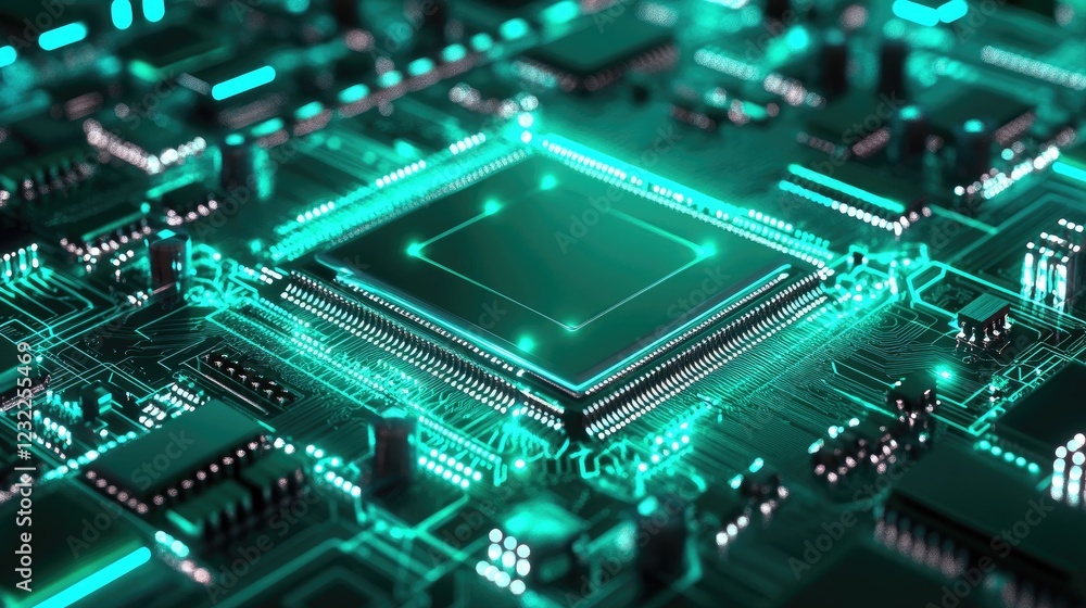 Poster a modern cpu processor chip placed on a vibrant green background.