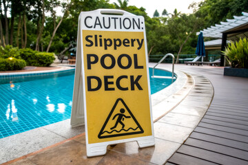 A caution sign warns of a slippery pool deck near a swimming pool, emphasizing safety in a lush, outdoor setting.