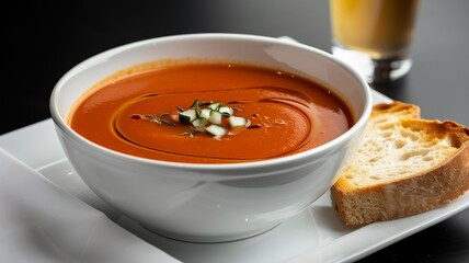Gazpacho: A chilled bowl of tomato-based soup with a smooth texture, garnished with diced cucumber, onion, green bell peppers, and a drizzle of olive oil.